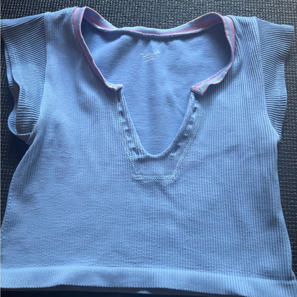 Size M/L - Out From Under Go For Gold Pointelle Notched Top - Light Blue